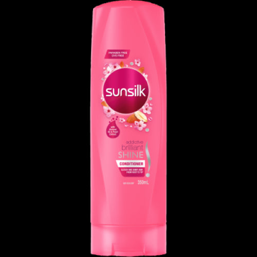 Sunsilk Brilliant Shine Conditioner 350ml bottle, enriched with Pearl Extract and Almond Oil for glossy, radiant hair.