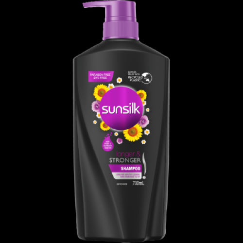 Sunsilk Longer & Stronger Shampoo 700ml with Biotin and Sunflower Oil for healthy, bouncy hair, in eco-friendly packaging.