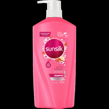 Sunsilk Addictive Brilliant Shine Shampoo 700ml bottle, enriched with Pearl Extract and Almond Oil for glossy, nourished hair.