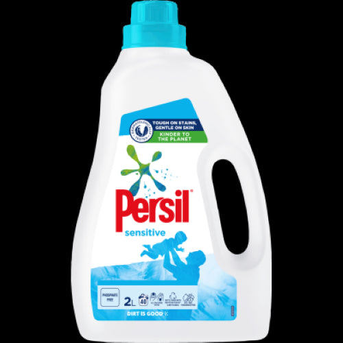 Persil Front & Top Loader Sensitive Laundry Liquid 2L, a gentle detergent for sensitive skin, free from dyes and perfumes.