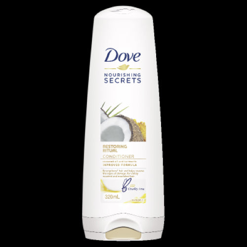 Dove Restoring Ritual Conditioner 320ml, enriched with Coconut Oil and Turmeric, nourishes and revitalizes damaged hair.