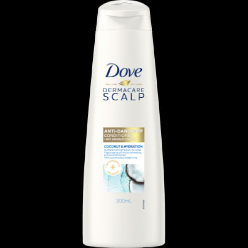 Dove Dermacare Scalp Coconut Conditioner in 300ml, fights dandruff, hydrates hair, and soothes dry scalp with coconut and lime.