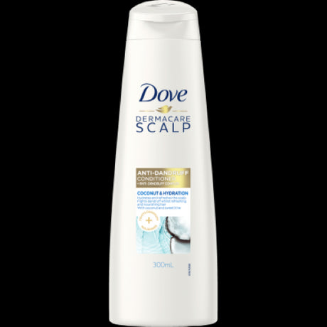 Dove Dermacare Scalp Coconut Conditioner in 300ml, fights dandruff, hydrates hair, and soothes dry scalp with coconut and lime.