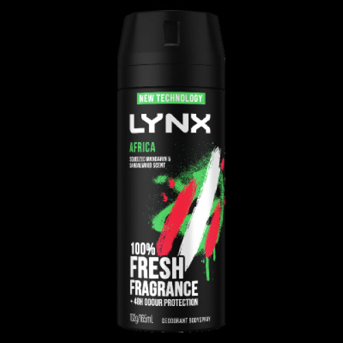 Lynx Africa 48hr Deodorant Bodyspray 165ml offers long-lasting freshness with warm African spice aromas for confident grooming.