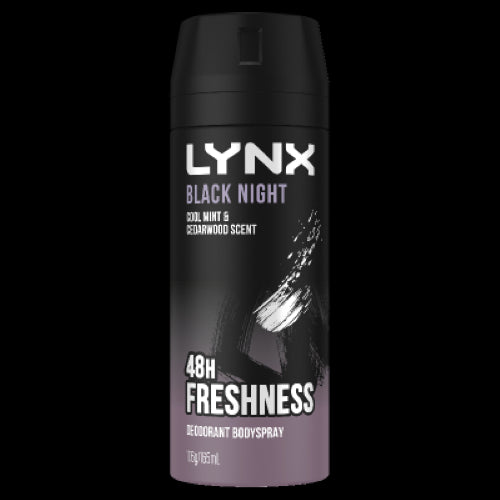 Lynx Black Night deodorant bodyspray in a 165ml can, featuring cool mint and cedarwood scent for long-lasting freshness.