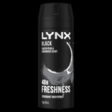 Lynx Black Frozen Pear & Cedarwood Deodorant Bodyspray 165ml, featuring a modern masculine scent with 48-hour odor protection.