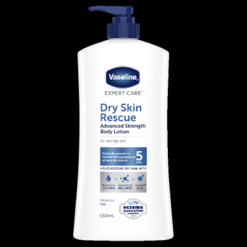 Vaseline Expert Care Dry Skin Rescue Body Lotion 550ml provides intense hydration for very dry skin, clinically proven in 5 days.