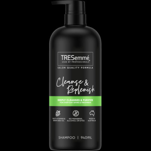 Tresemme Cleanse & Replenish Shampoo 940ml, infused with Multi-Vitamins and Grape Seed Oil for shiny, revitalized hair.