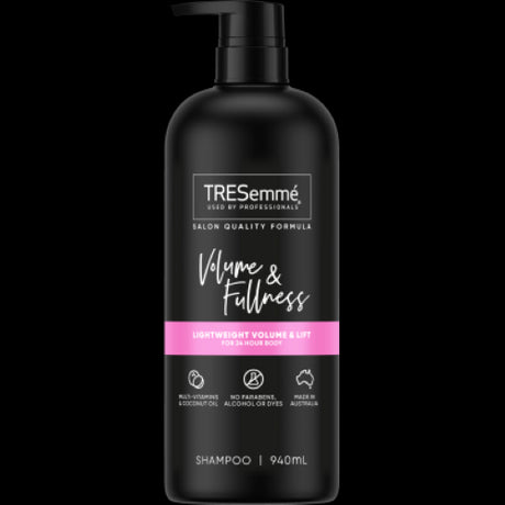 Tresemme Volume & Fullness Shampoo 940ml enhances fine hair with vitamins and coconut oil for lasting volume and lift.