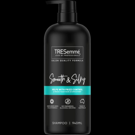 Tresemme Smooth & Silky Shampoo 940ml, salon-quality formula for dry, frizz-prone hair, paraben-free and eco-friendly packaging.