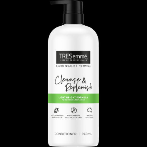 Tresemme Cleanse & Replenish Conditioner 940ml, infused with vitamins and grape seed oil for oily hair, ensures lightweight hydration.