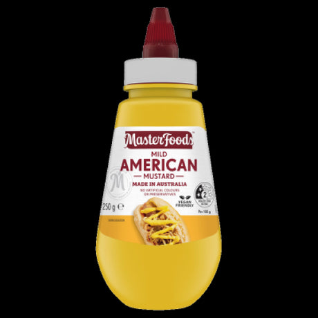 Squeeze bottle of MasterFoods Mild American Mustard, perfect for sandwiches and hot dogs, offering a smooth, mild flavor.