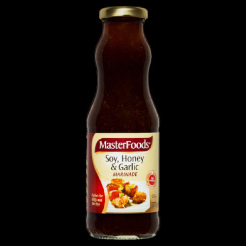 Bottle of Masterfoods Honey Soy Marinade 375g, featuring a blend of honey, soy, and garlic for savory Asian flavor.