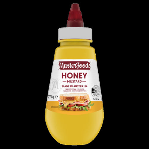 Masterfoods Honey Mustard 275g jar featuring a sweet and tangy blend, perfect for enhancing various dishes and grilling.