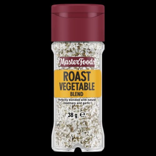 Masterfoods Roast Vegetable Blend 38g, a savory seasoning mix of rosemary, garlic, and pepper for flavorful roasted vegetables.