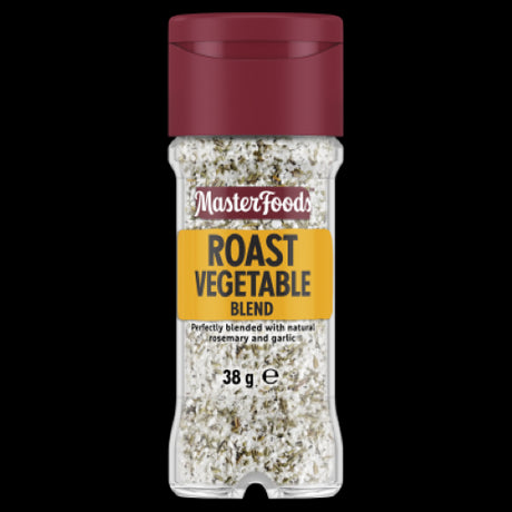 Masterfoods Roast Vegetable Blend 38g, a savory seasoning mix of rosemary, garlic, and pepper for flavorful roasted vegetables.