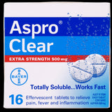 Aspro Extra Strength Soluble Aspirin 500mg Tablets in a 16-pack, providing fast relief for various aches and pains.