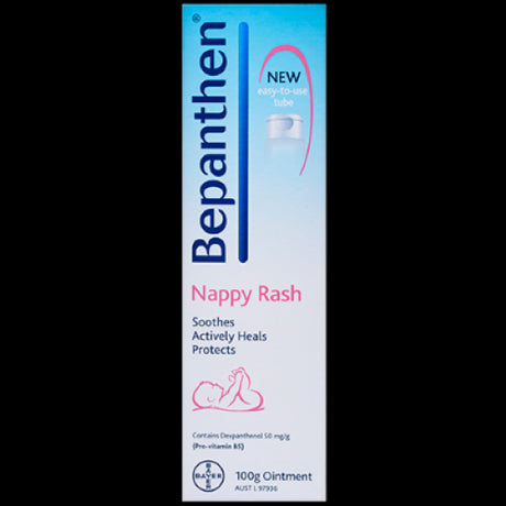 Bepanthen Nappy Rash Ointment 100g, fragrance-free formula that soothes and protects sensitive baby skin from nappy rash.