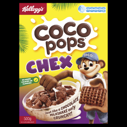 Kellogg's Coco Pops Chex cereal in a 500g pack featuring crispy cocoa-flavored multigrain pillows for a delicious breakfast.