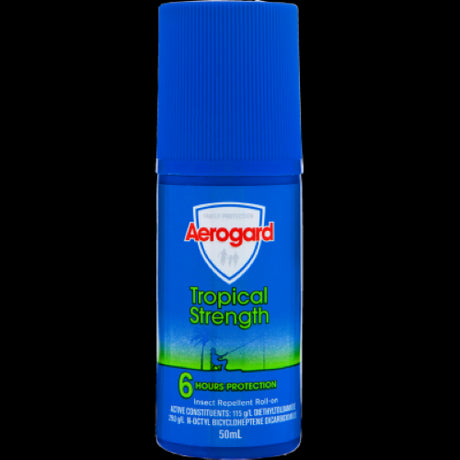 Aerogard Tropical Strength Insect Repellent Roll On 50ml, offering 8-hour protection from mosquitoes and other biting insects.