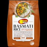 SunRice Basmati Rice 1kg bag featuring long grains, aromatic essence, perfect for flavorful Indian dishes and versatile recipes.