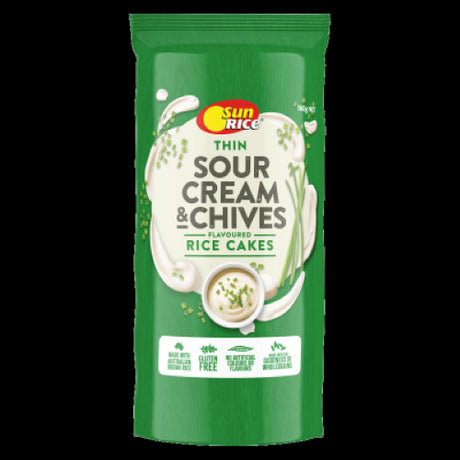 SunRice Thin Sour Cream & Chives Rice Cakes pack, gluten-free with creamy flavor, perfect for snacking or topping.