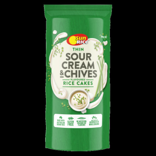 SunRice Thin Sour Cream & Chives Rice Cakes pack a crunch with savory flavor, perfect for gluten-free snacking anytime.