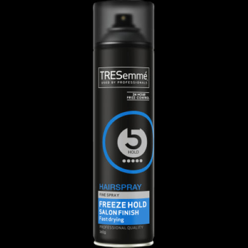 Tresemme Freeze Hold Hairspray 360g, a fast-drying, humidity-resistant spray for all-day hold without stickiness.