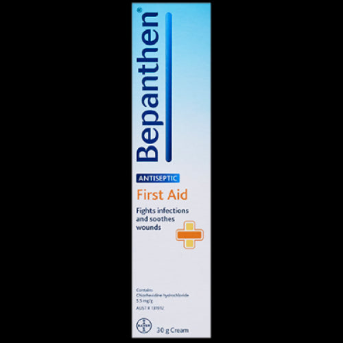 Bepanthen First Aid Antiseptic Cream 30g tube for treating minor wounds, enriched with vitamin B5 for soothing skin and faster healing.