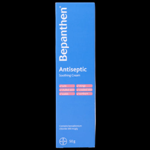 Bepanthen Antiseptic Cream 50g, a soothing solution for nappy rash, enriched with antiseptics and Vitamin B5 for skin healing.