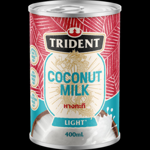 Trident Light Coconut Milk 400ml, creamy and preservative-free, perfect for enhancing recipes and vegan diets.