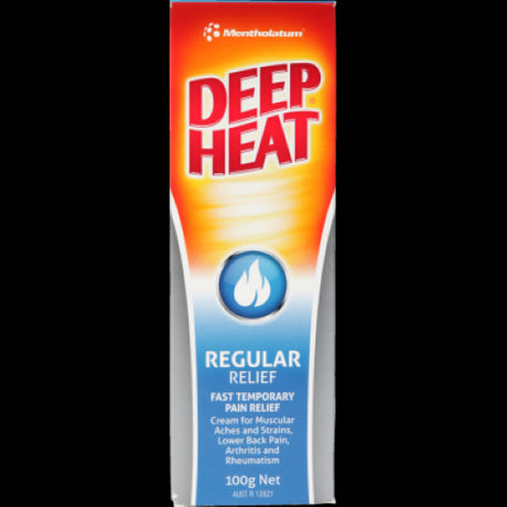 Mentholatum Deep Heat cream 100g, designed to soothe muscular aches and strains with warming, non-greasy relief.