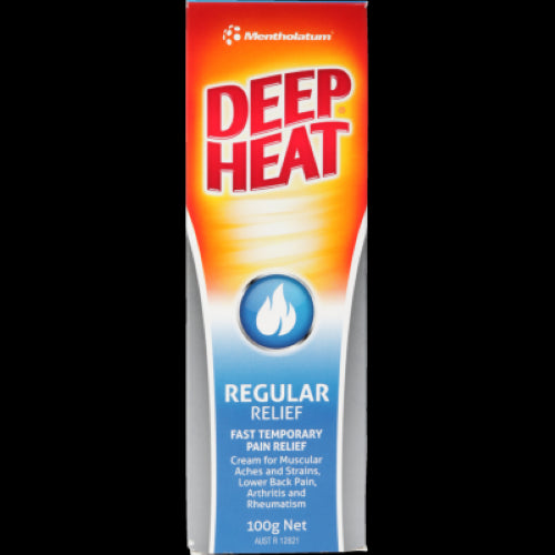 Mentholatum Deep Heat cream 100g, designed to soothe muscular aches and strains with warming, non-greasy relief.