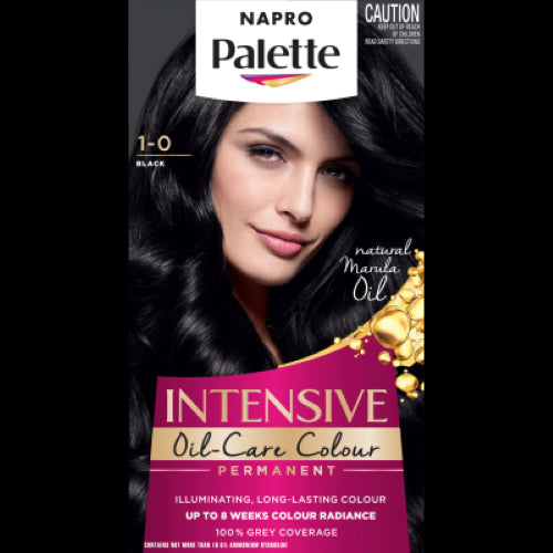 Napro Palette Intensive Black 1-0 Hair Colour, delivering vibrant, long-lasting deep black shade with 100% grey coverage.