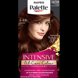 Napro Palette Intensive Chestnut 5-68 Hair Colour box featuring rich chestnut tones, Micro-Oils, and a nourishing conditioner for shine.