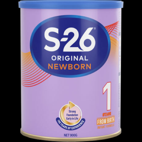 S-26 Original Newborn Stage 1 Infant Formula 900g can, enriched with DHA and vitamins for complete newborn nutrition.