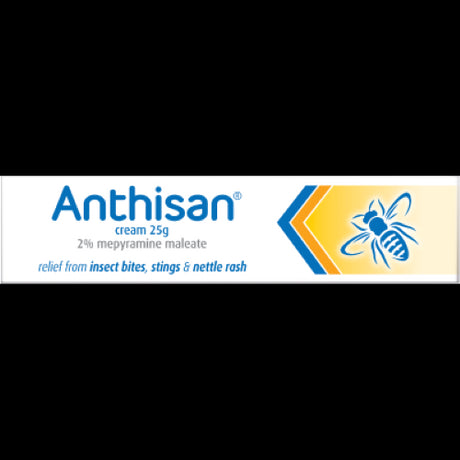 Anthisan Cream 25g tube, an antihistamine for quick relief from itchy bites, stings, and nettle rashes.