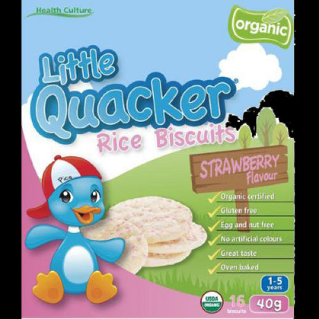 Little Quacker Strawberry Rice Biscuits: gluten-free, organic rice treats, perfect for kids' snacks, allergy-friendly, and delicious.