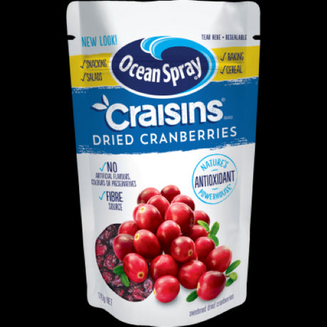 Ocean Spray Craisins 170g bag of sweet dried cranberries, rich in fiber and antioxidants, perfect for snacking or recipes.