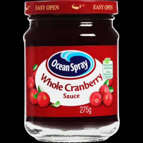 Ocean Spray Whole Cranberry Sauce 275g, a tangy-sweet accompaniment for meals, toasts, and festive gatherings.