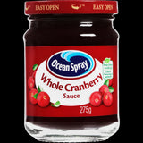 Ocean Spray Whole Cranberry Sauce 275g, a tangy, sweet condiment perfect for meals, sandwiches, and holiday feasts.