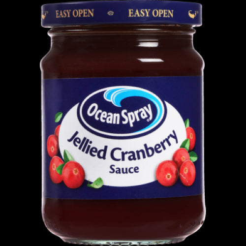 Ocean Spray Jellied Cranberry Sauce 275g, a sweet-tart condiment perfect for holiday meals and sandwiches.