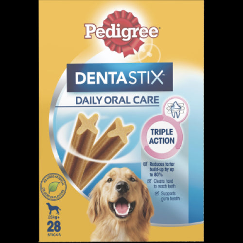 Large dog dental care treats with X-shape design that reduce tartar build-up and support gum health.