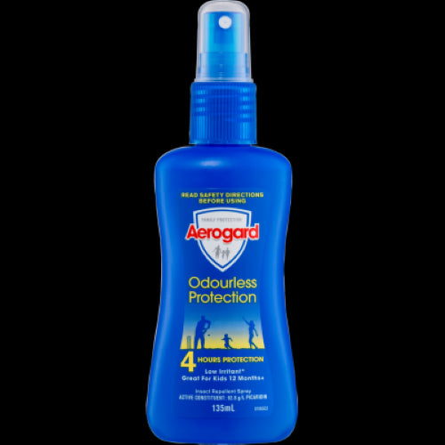 Aerogard 135ml odourless insect repellent spray provides 4-hour protection against mosquitoes and biting insects, ideal for families.