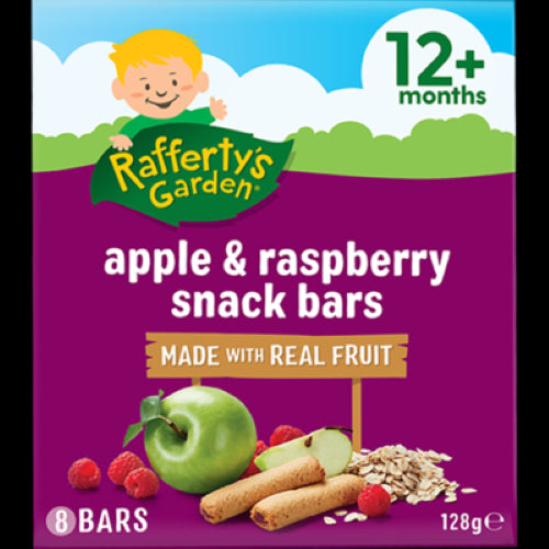 Rafferty's Garden Apple & Raspberry Snack Bars, nutritious and fruity treats for toddlers, perfect for on-the-go snacking.