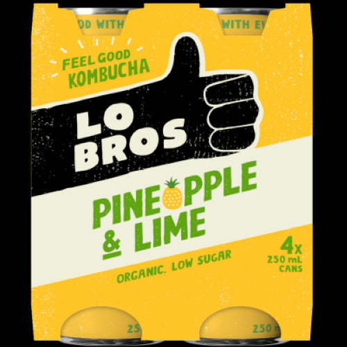 Lo Bros Pineapple & Lime Kombucha pack featuring four 250ml bottles of refreshing, naturally sparkling probiotic beverage.