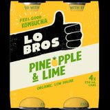 Lo Bros Pineapple & Lime Kombucha pack featuring four 250ml bottles of refreshing, naturally sparkling probiotic beverage.