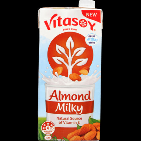 Creamy Vitasoy Almond Milky 1L, a low-sugar, dairy-free milk made from Australian almonds, rich in calcium and vitamin E.