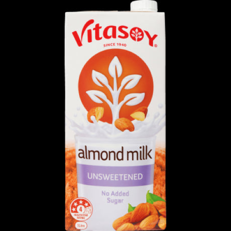Vitasoy Unsweetened Almond Milk 1L, a low-calorie, sugar-free milk alternative rich in calcium and vitamin E, made from Australian almonds.