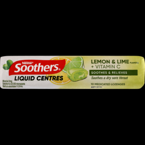 Nestle Soothers Lemon & Lime lozenges in a 10-pack, designed to soothe throats and relieve congestion with a refreshing taste.